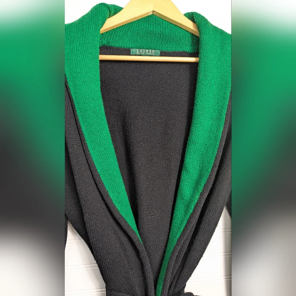 Lauren Ralph Lauren Navy and Green Belted Shawl Cardigan M - Picture 3 of 11